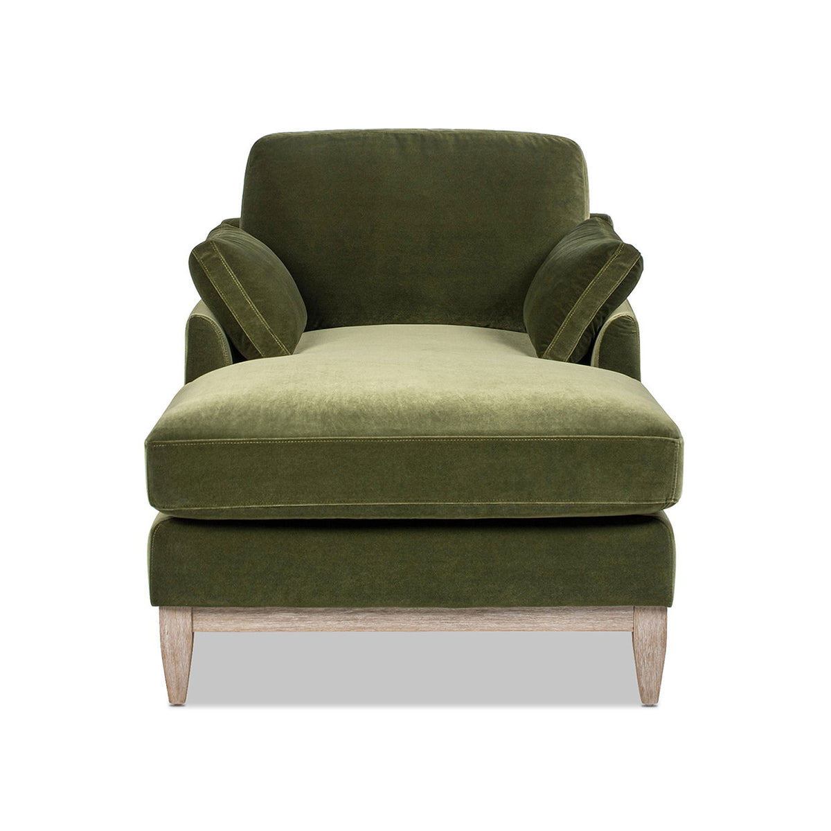 Olive green modern farmhouse chaise lounge chair with sustainable rubberwood base on Tampa Home & Garden Store
