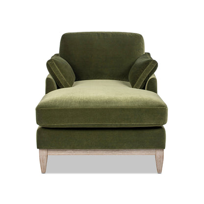 Olive green modern farmhouse chaise lounge chair with sustainable rubberwood base on Tampa Home & Garden Store