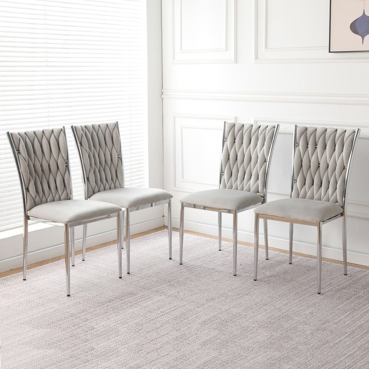Modern dining chair set with ergonomic back, grey fabric upholstery and chrome metal frames on Tampa Home & Garden Store