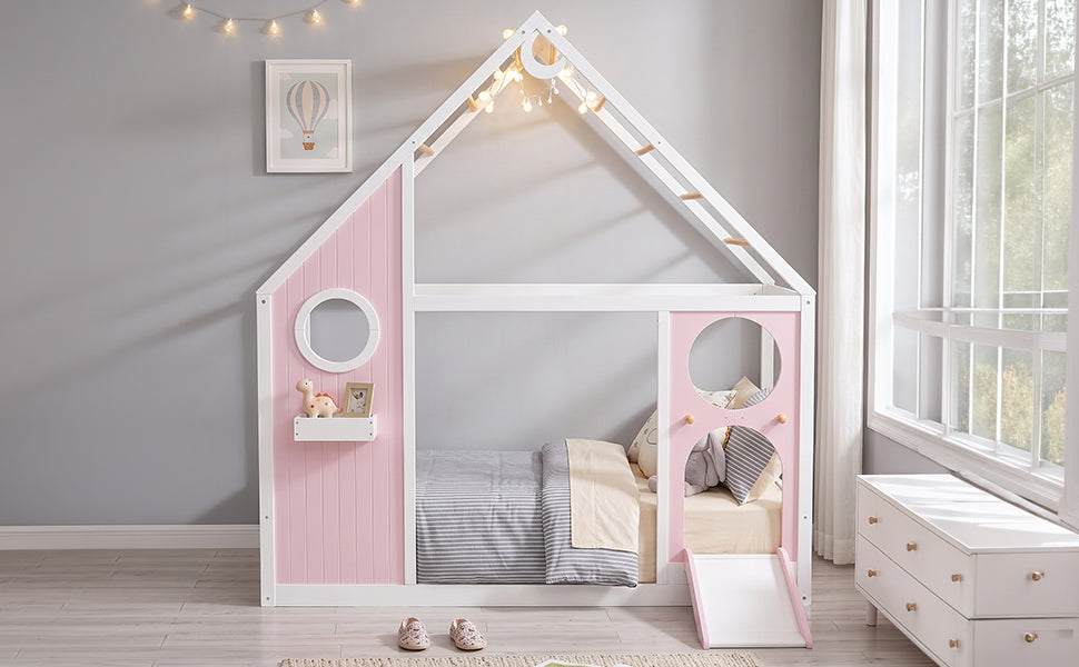 Twin House Bed with Slide Playhouse design in pink and white by HouseOfZazla on Tampa Home & Garden Store
