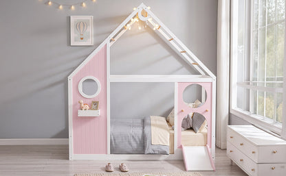 Twin House Bed with Slide Playhouse design in pink and white by HouseOfZazla on Tampa Home & Garden Store