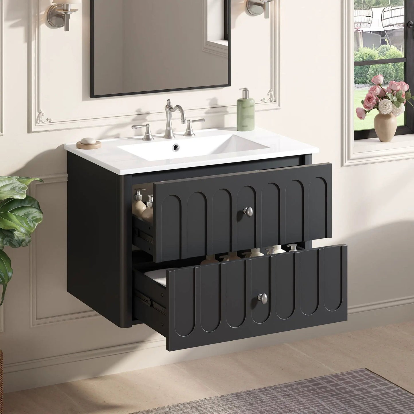 Floating vanity by Unique Piece Furniture, charcoal cabinet, white countertop, oval knobs on Tampa Home & Garden Store