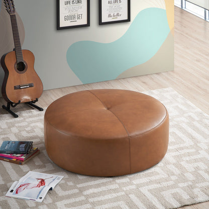 Tan leather mid-century modern upholstered ottoman, 36-inch, HouseOfZazla on Tampa Home & Garden Store