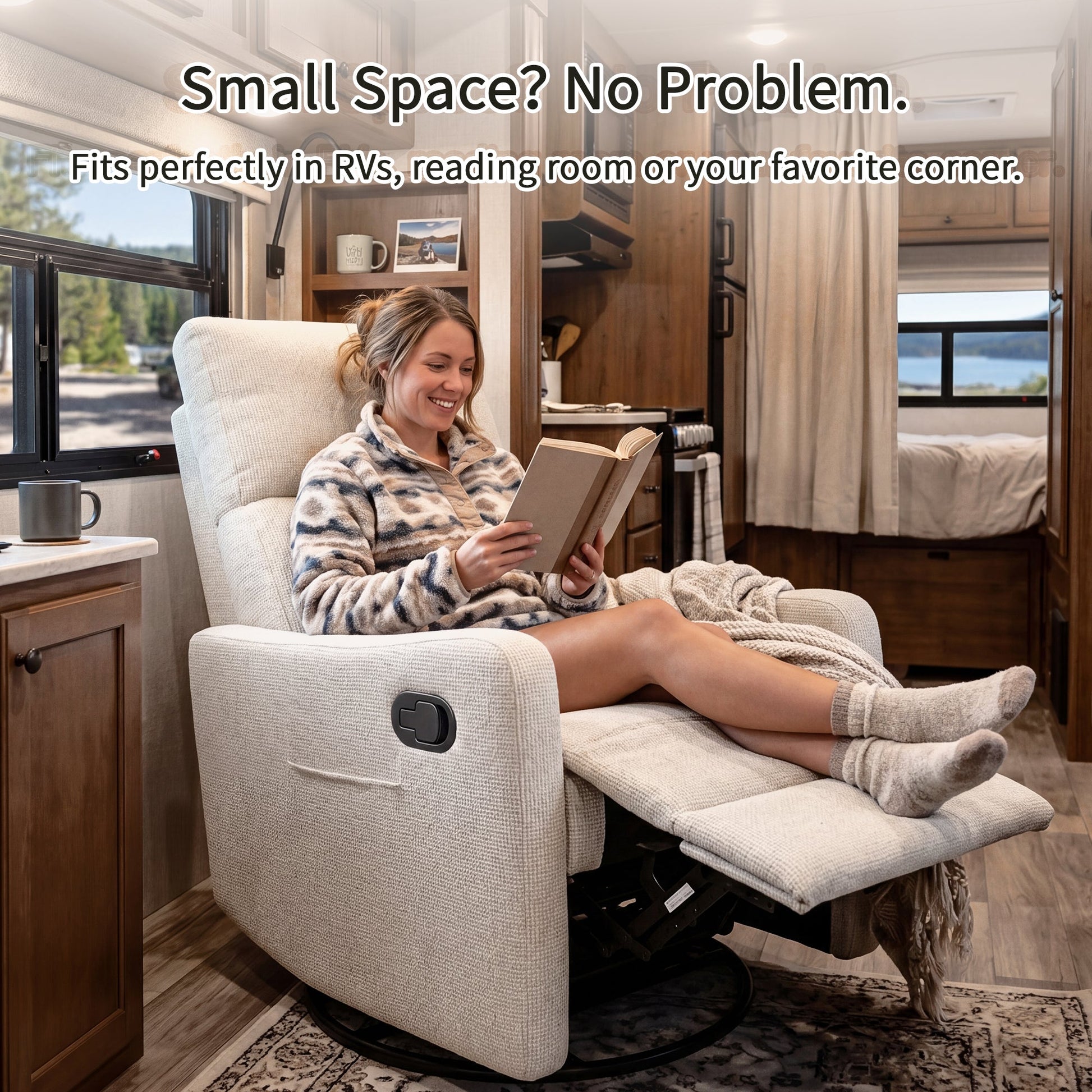 HouseOfZazla manual swivel rocker recliner chair in beige fabric with circular base in an RV on Tampa Home & Garden Store