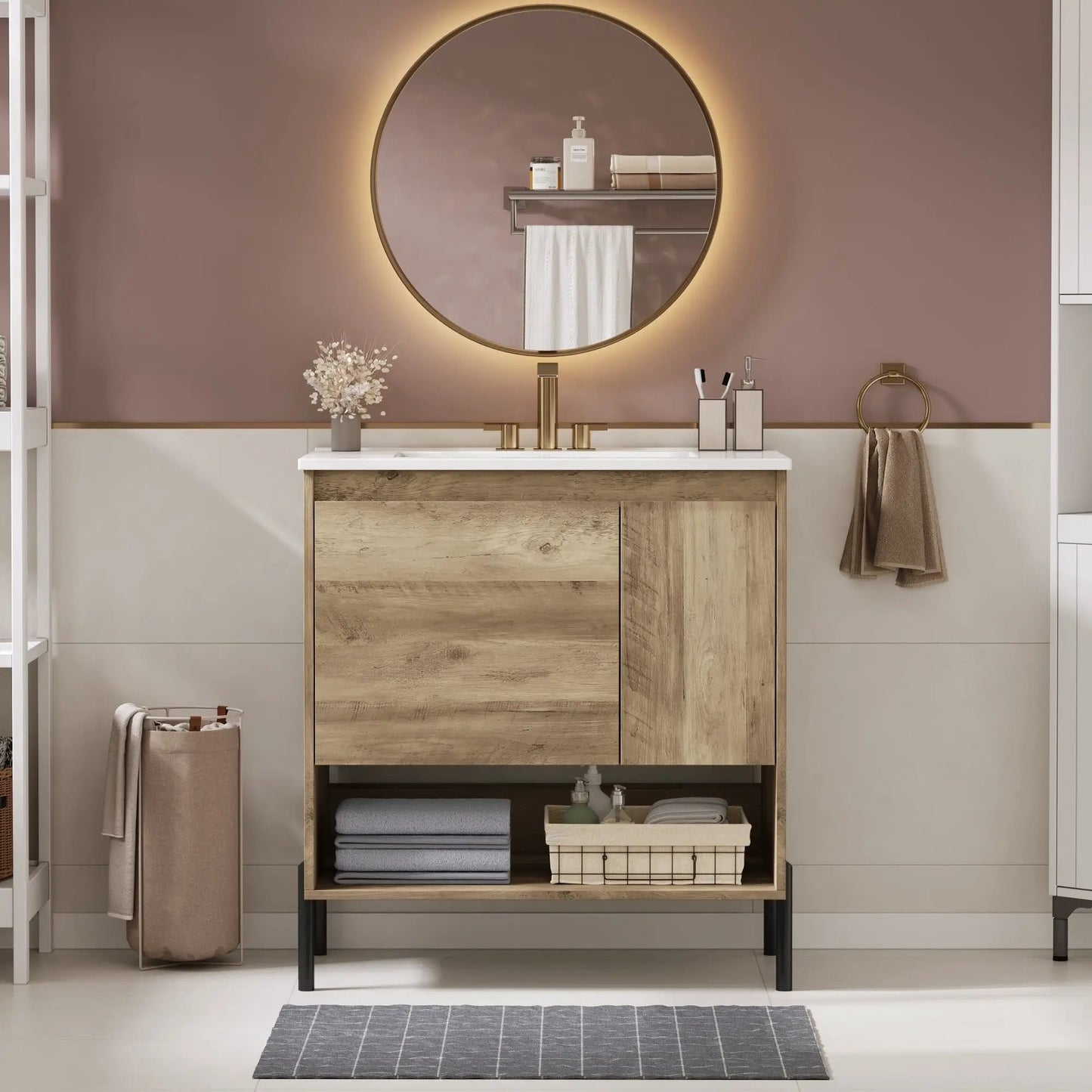Bathroom Vanity Cabinet with Sink and Open Shelf