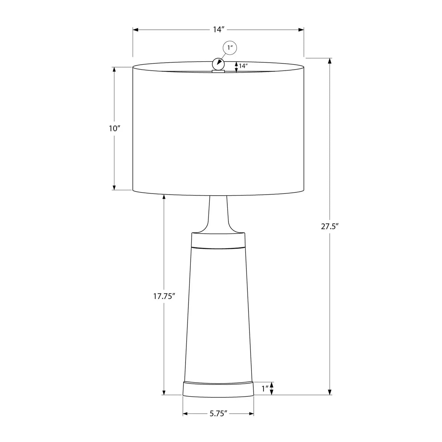 Table lamp resin black/cream by Unique Piece Furniture; schematic shows 27.5 tall, 14 in shade on Tampa Home & Garden Store