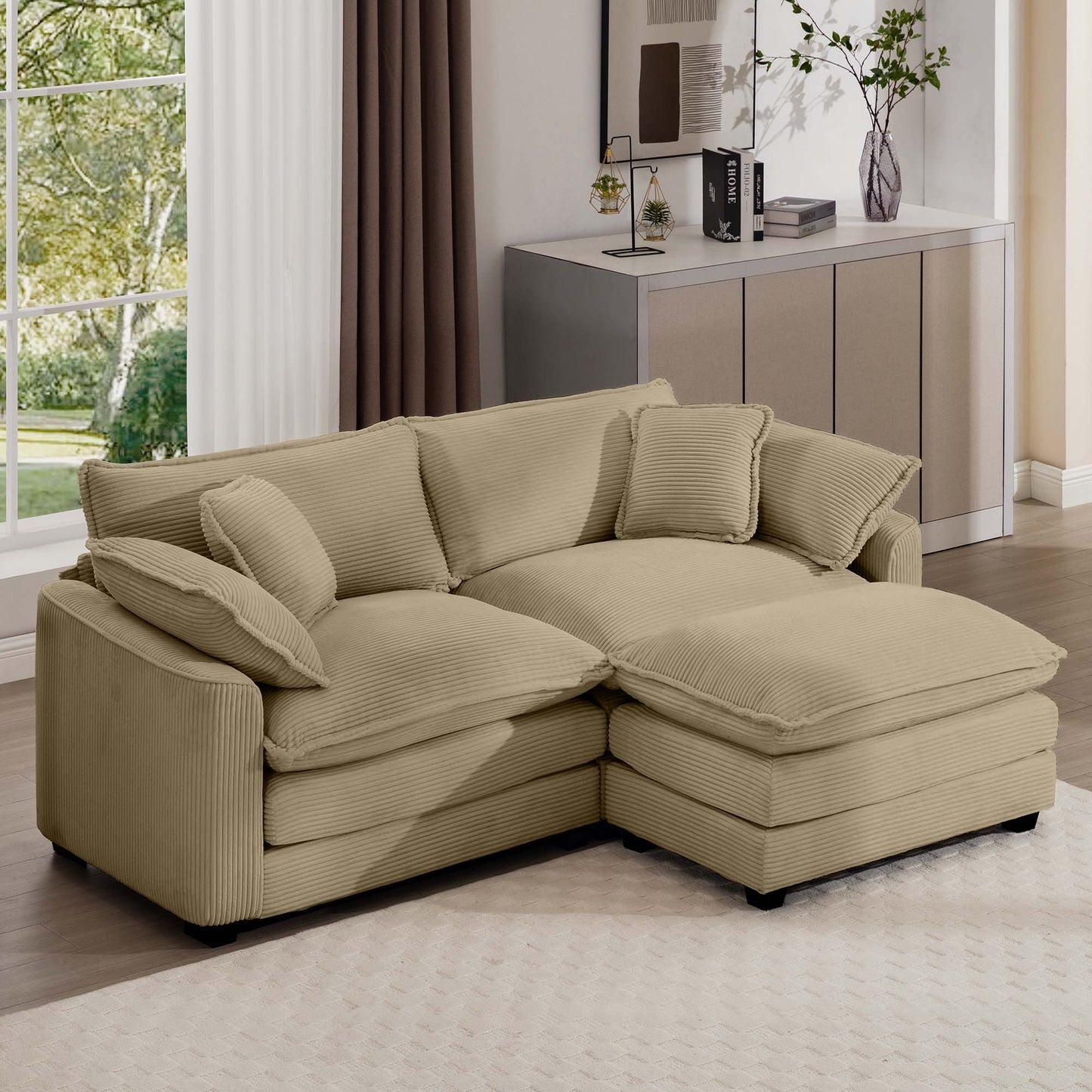 Beige modular cushion sofa with ottoman, low back and deep seating by HouseOfZazla on Tampa Home & Garden Store
