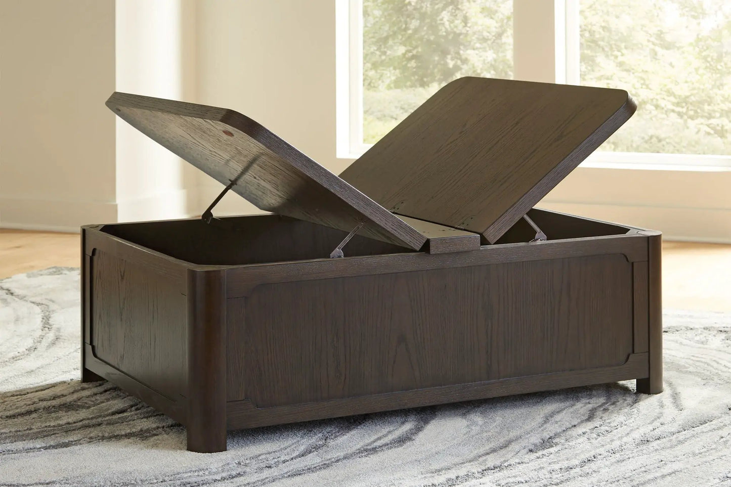 Breckington cocktail table with storage, dark brown wood lift-top, Unique Piece Furniture on Tampa Home & Garden Store