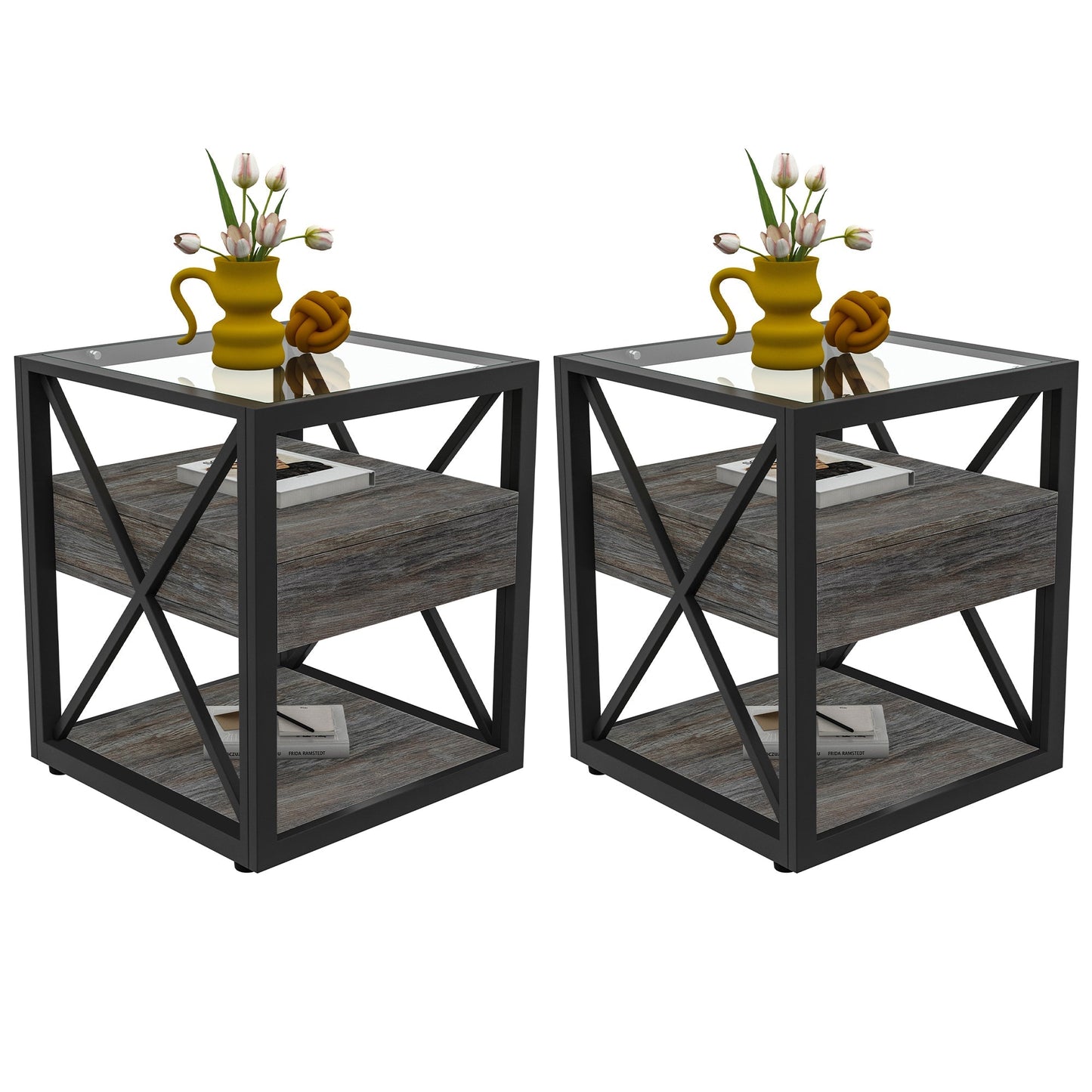 Set of 2 modern end tables with glass tops, black metal frames and wood shelves on Tampa Home & Garden Store
