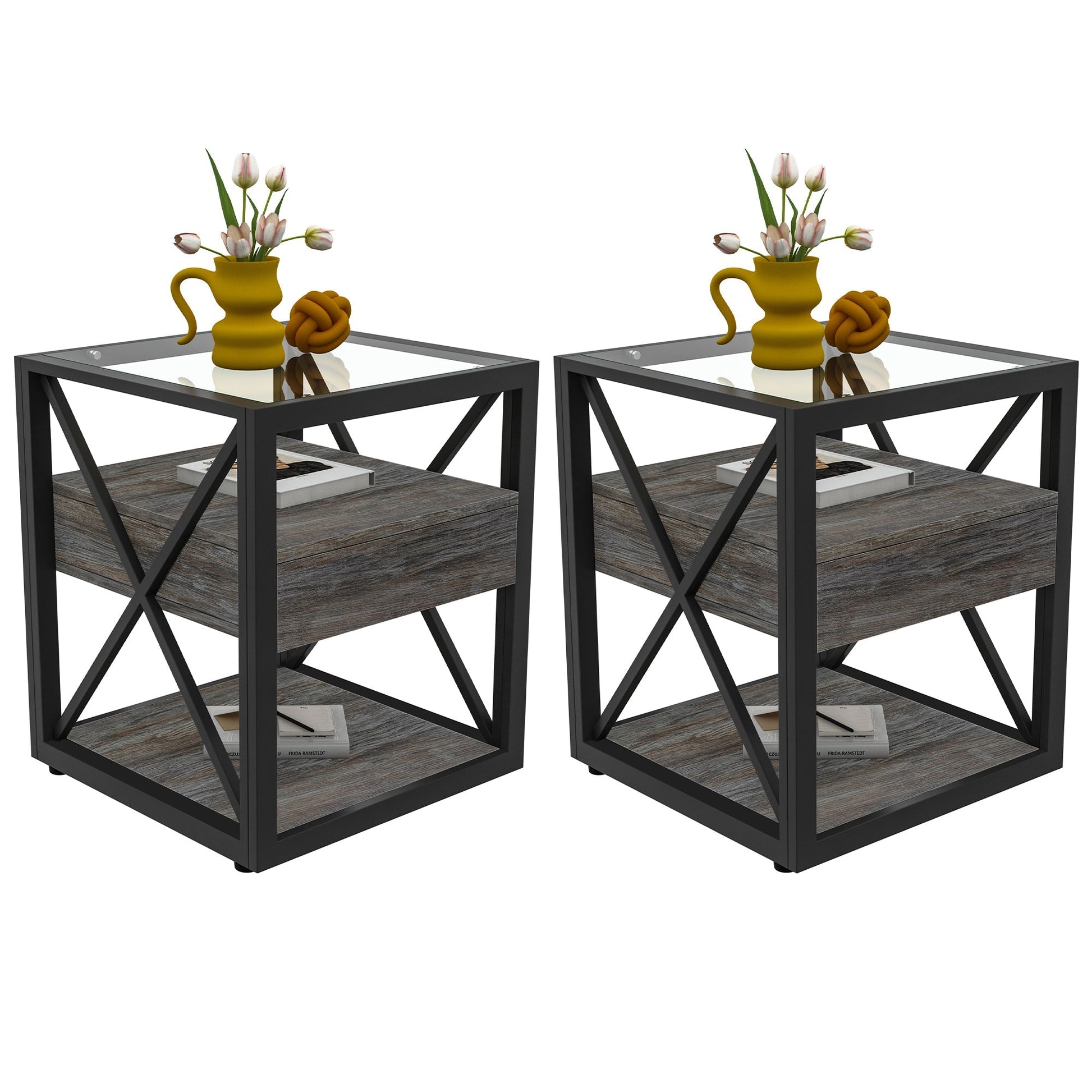Set of 2 modern end tables with glass tops, black metal frames and wood shelves on Tampa Home & Garden Store