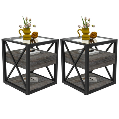 Set of 2 modern end tables with glass tops, black metal frames and wood shelves on Tampa Home & Garden Store