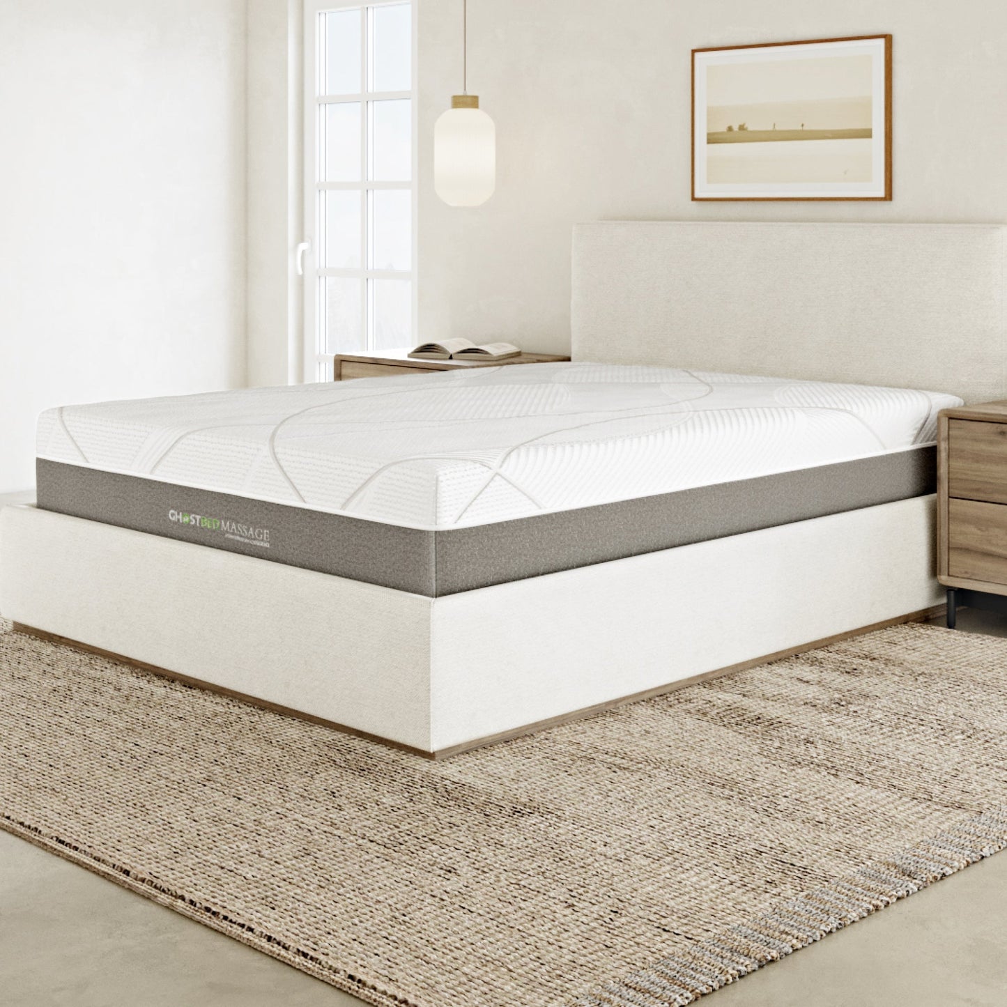 GhostBed Massage Mattress Hybrid Profile white quilted top on gray base in a calm bedroom on Tampa Home & Garden Store