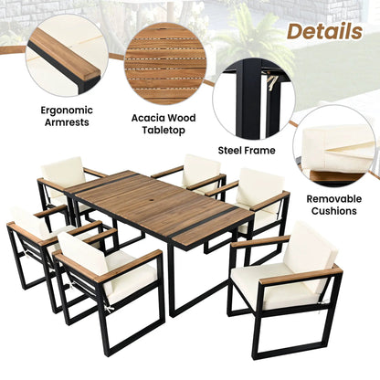 7 Piece Outdoor Dining Set with acacia wood tabletop, removable cushions, steel frame on Tampa Home & Garden Store