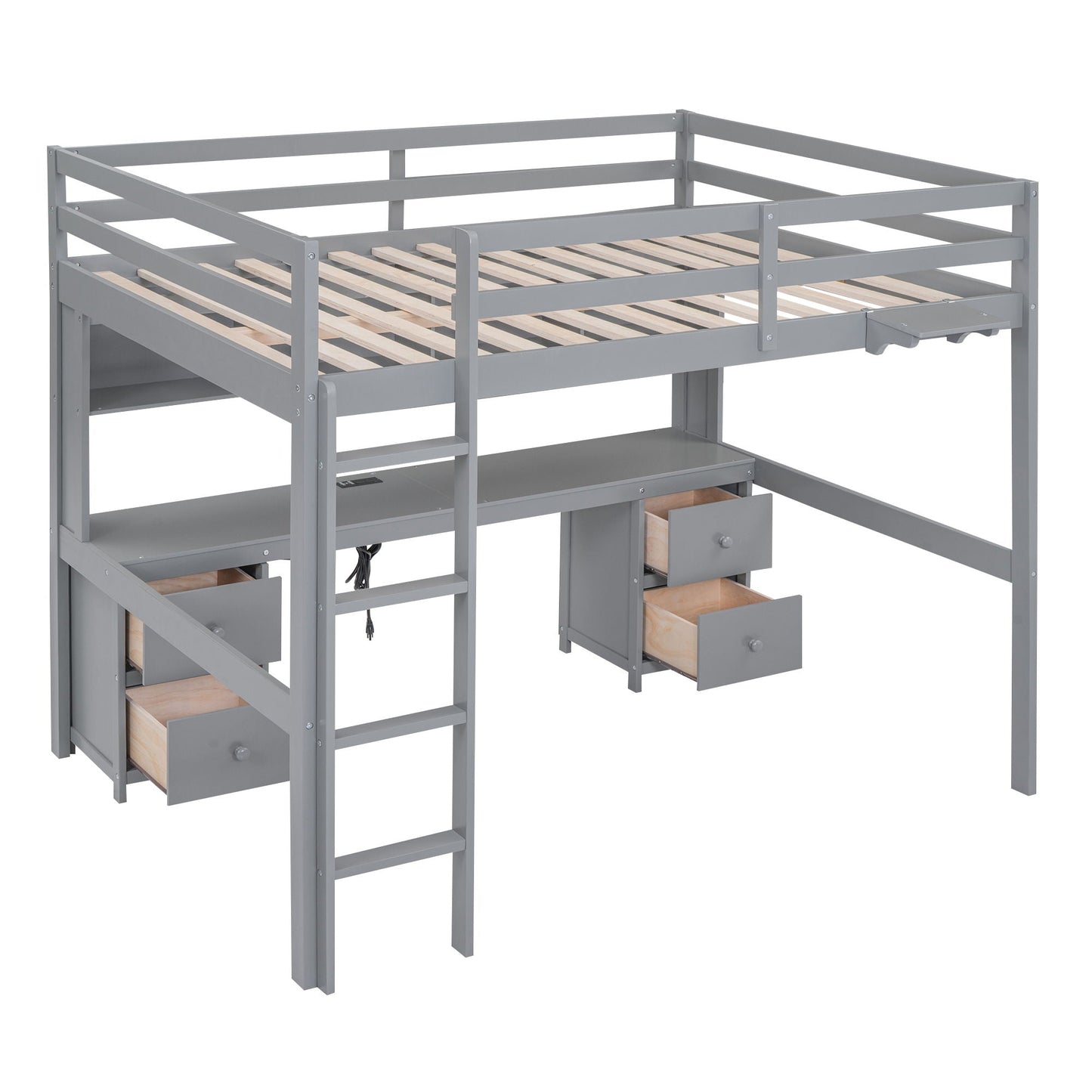 Loft bed with desk and cabinets, drawers and bedside tray by HouseOfZazla in gray finish on Tampa Home & Garden Store