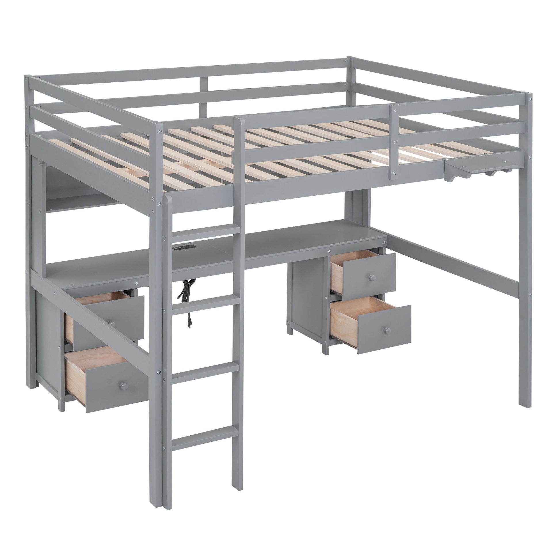 Loft bed with desk and cabinets, drawers and bedside tray by HouseOfZazla in gray finish on Tampa Home & Garden Store