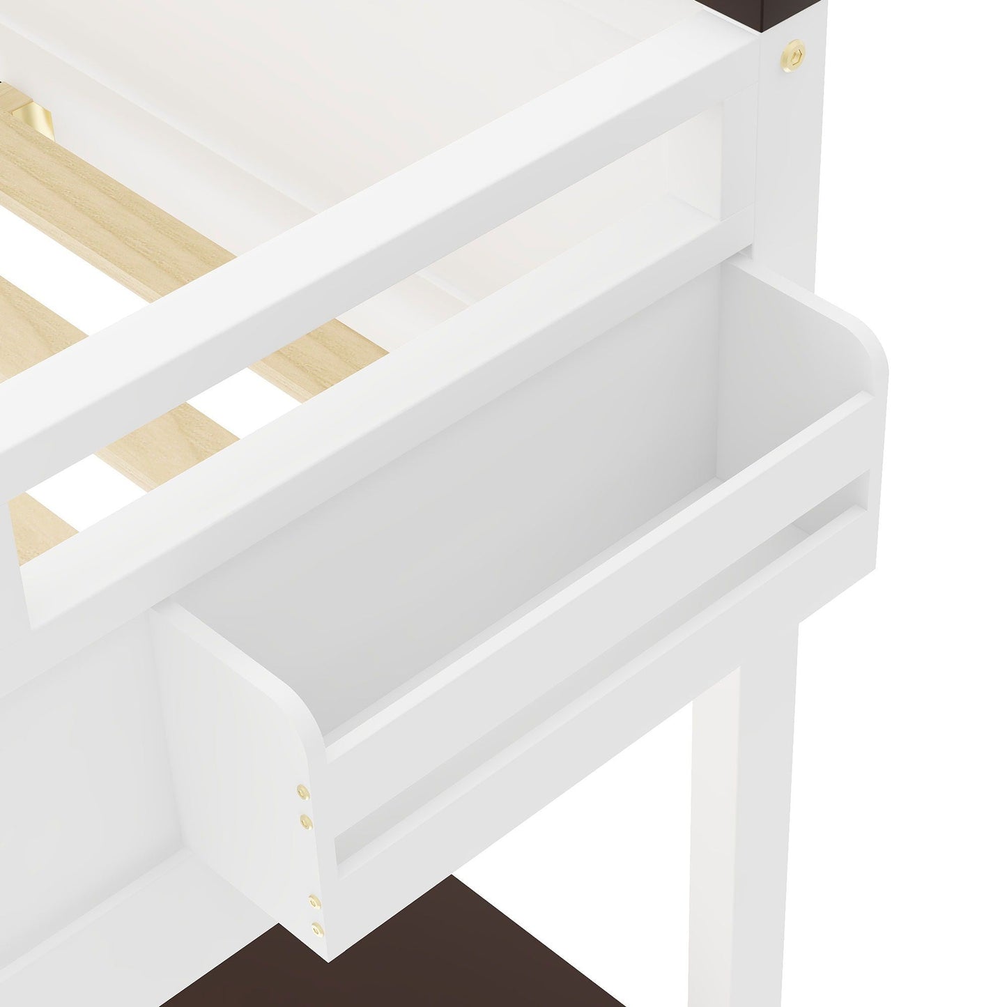 Queen Size Loft Bed white frame with natural wood slat bed base and gold hardware on Tampa Home & Garden Store