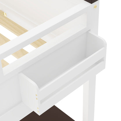 Queen Size Loft Bed white frame with natural wood slat bed base and gold hardware on Tampa Home & Garden Store