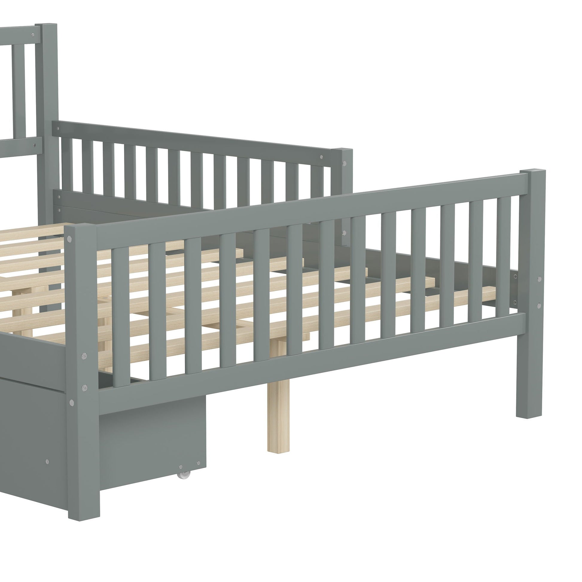 Platform bed with guardrails on both sides and 2 storage drawers, gray frame and slat base on Tampa Home & Garden Store