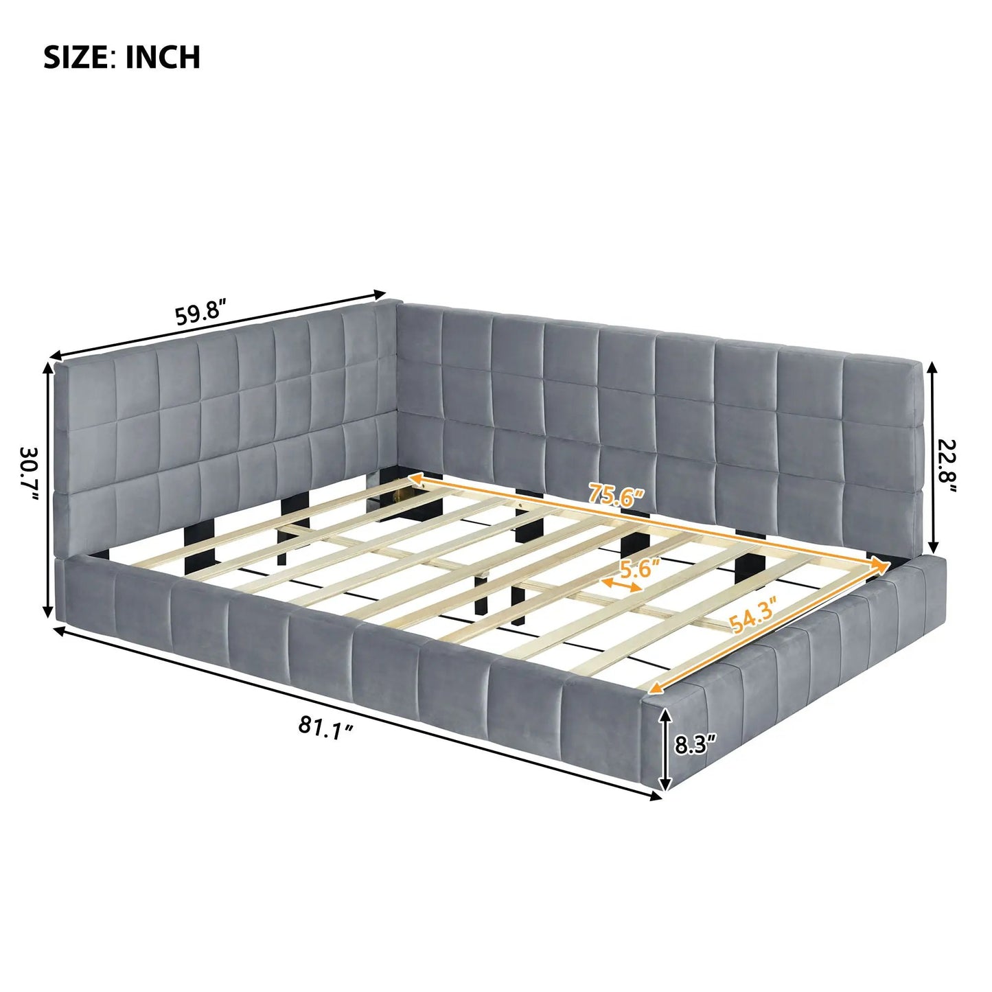 Full size gray upholstered daybed frame with grid-tufted sides and slatted foundation on Tampa Home & Garden Store