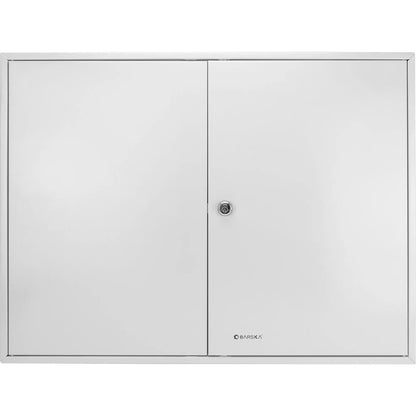 Adjustable key cabinet with lock, white metal wall storage with two doors, BARSKA logo on Tampa Home & Garden Store