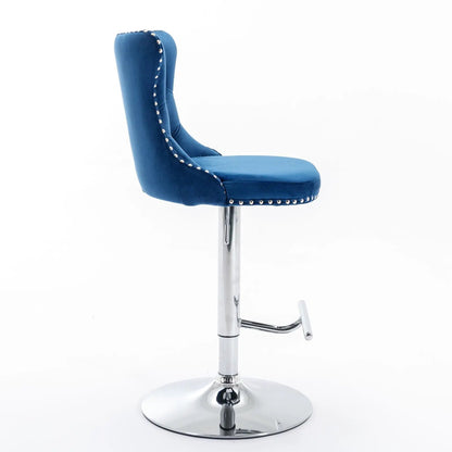 Blue velvet swivel bar stool with adjustable height, chrome pedestal base and nailhead trim on Tampa Home & Garden Store