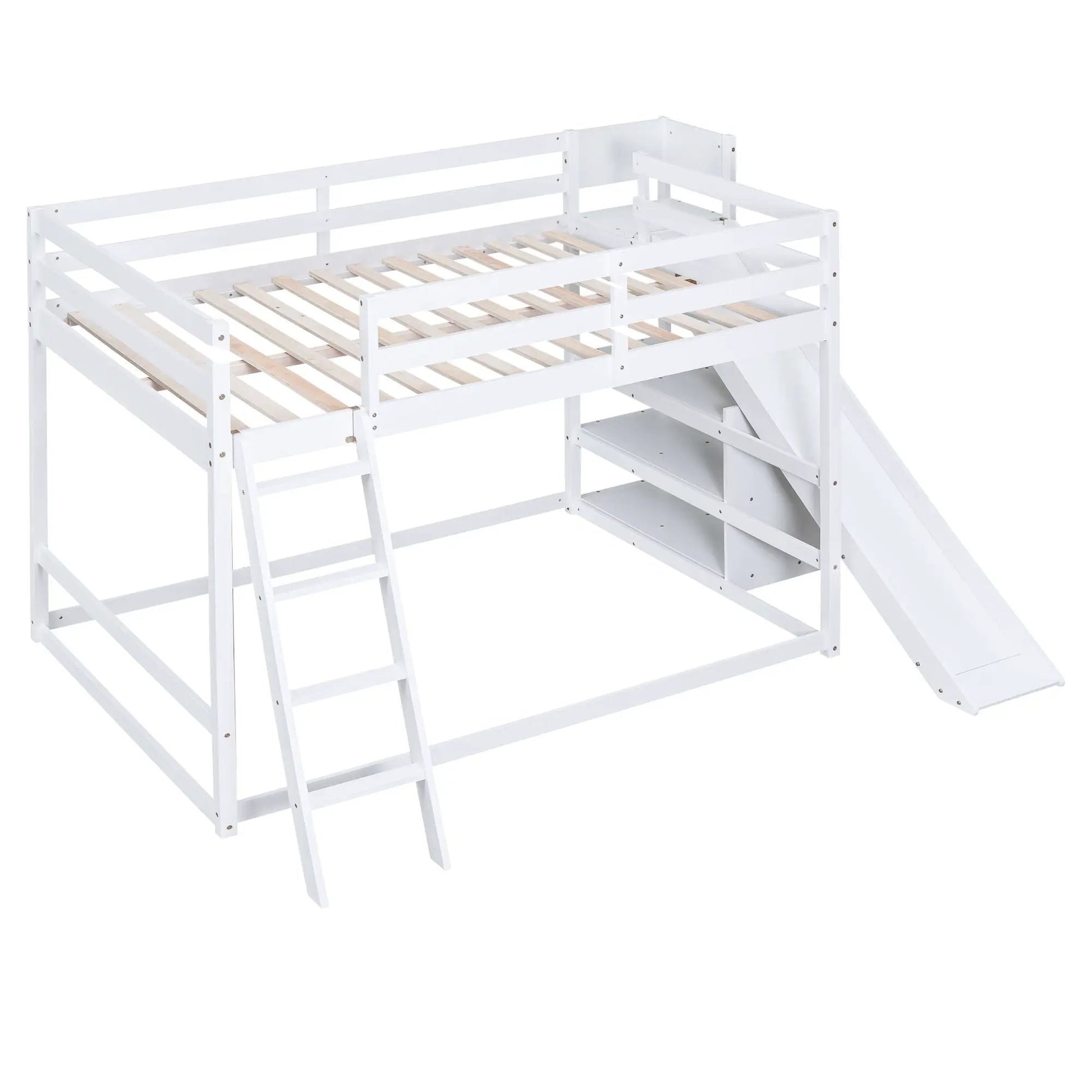 Bunk bed frame with ladder, slide, and shelves in white finish; pine slat base on Tampa Home & Garden Store