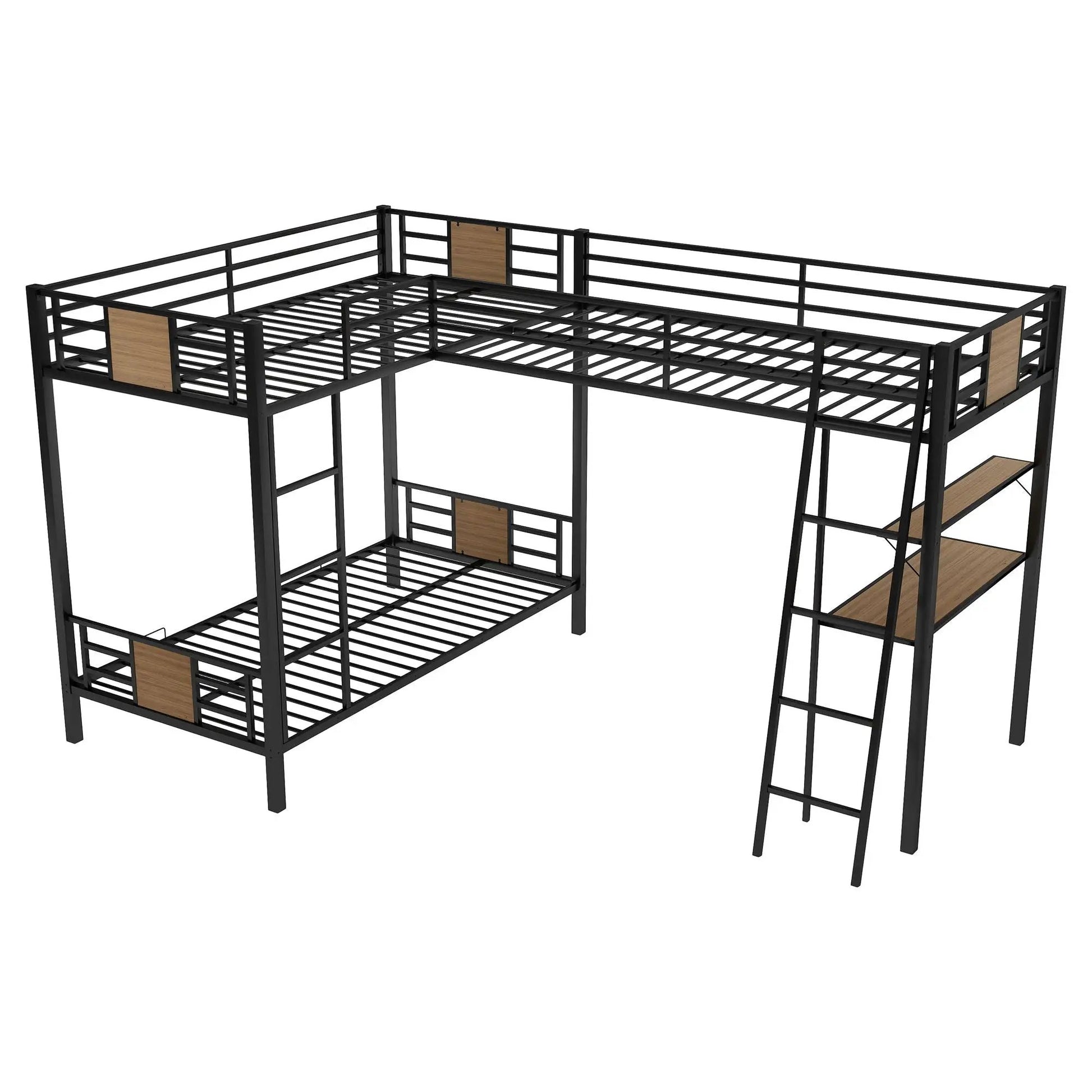 L-shaped twin-over-twin bunk bed frame with loft desk and shelf in black metal with brown panels on Tampa Home & Garden Store