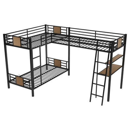 L-shaped twin-over-twin bunk bed frame with loft desk and shelf in black metal with brown panels on Tampa Home & Garden Store