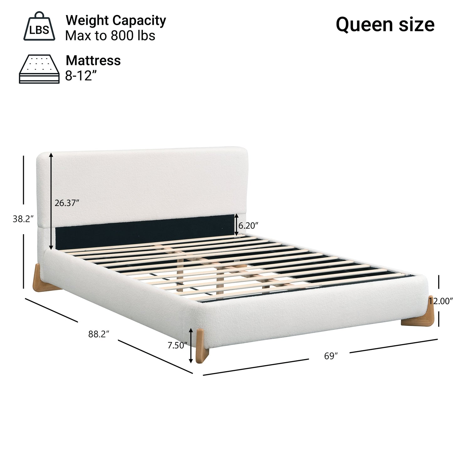 Elegant Boucle Upholstered Bed Queen Size in white with wooden legs by HouseOfZazla on Tampa Home & Garden Store