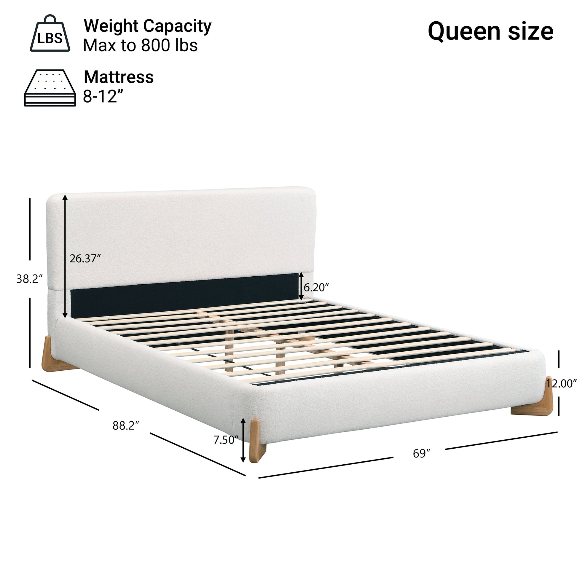 Elegant Boucle Upholstered Bed Queen Size in white with wooden legs by HouseOfZazla on Tampa Home & Garden Store