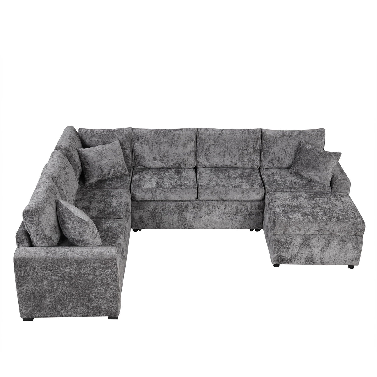 Sleeper sectional sofa with storage ottoman in grey textured fabric, three pillows on Tampa Home & Garden Store