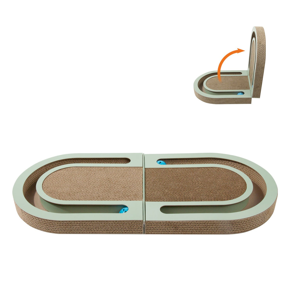 Corrugated paper folding cat scratcher with ball, mint green frame, two-panel design on Tampa Home & Garden Store