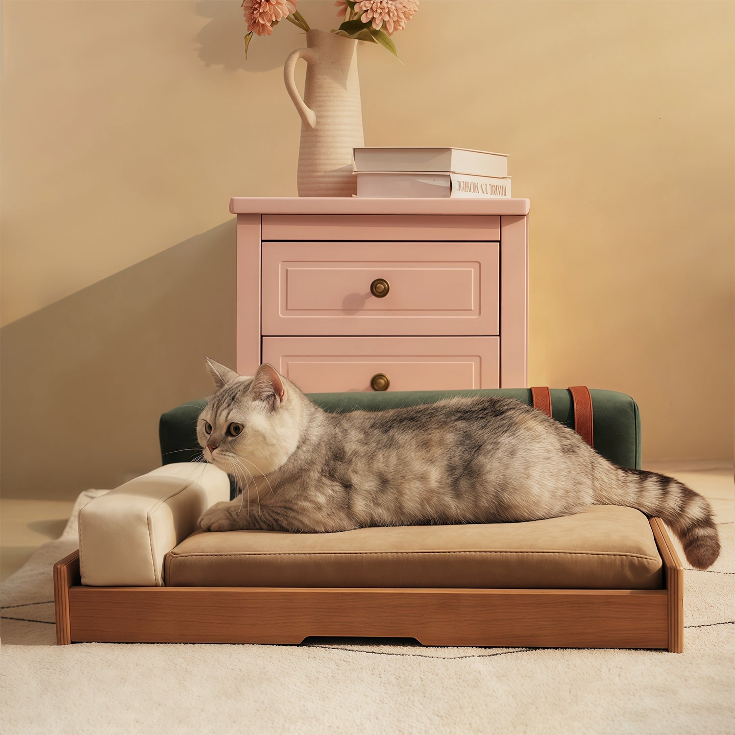 Modern wooden pet bed for cats and dogs with beige cushion and light frame HouseOfZazla on Tampa Home & Garden Store