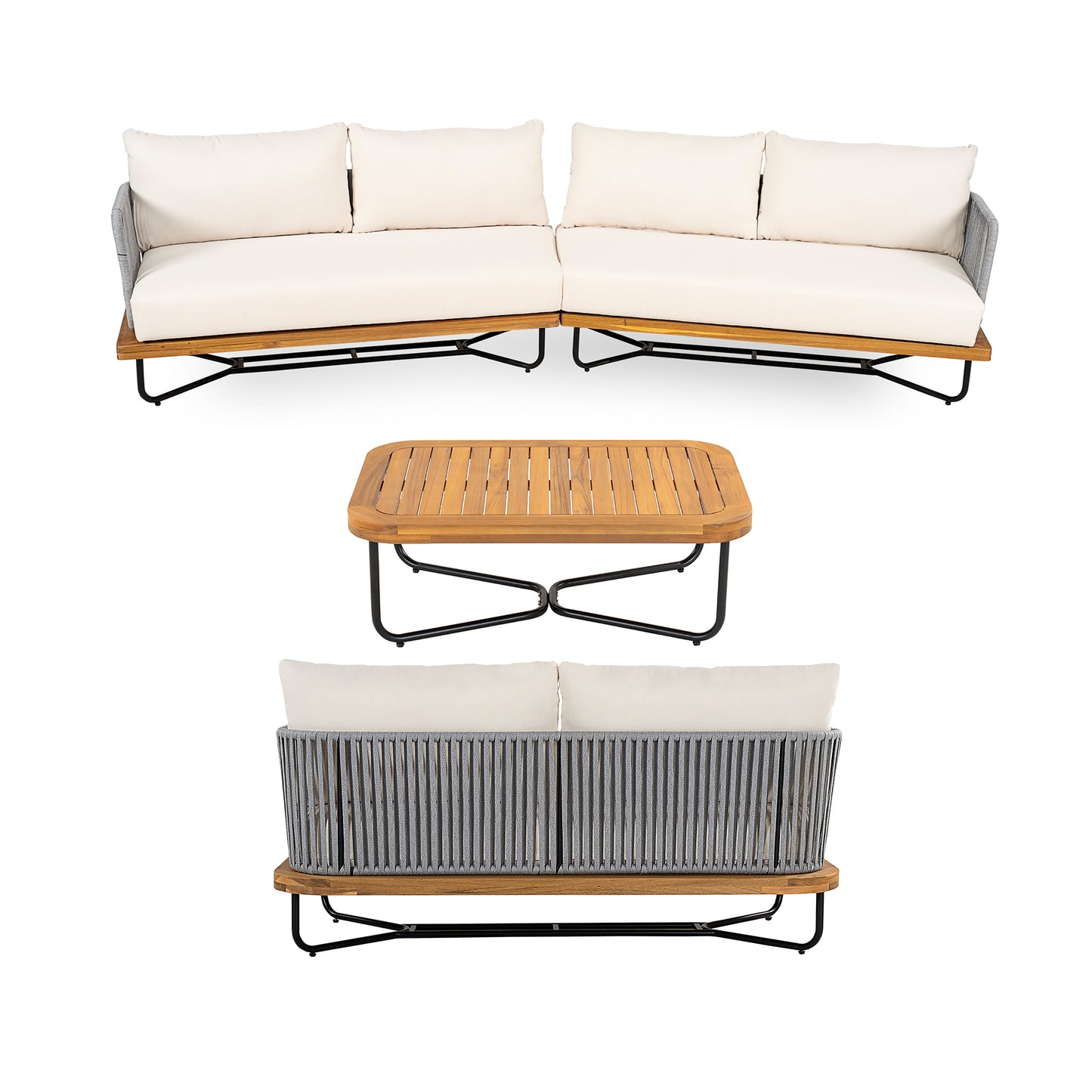 Lucca 6 Seater Acacia Wood Rope-Woven Conversation Set cream cushions by HouseOfZazla on Tampa Home & Garden Store