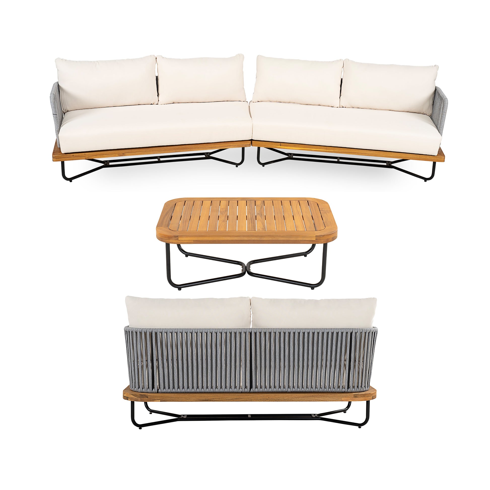 Lucca 6 Seater Acacia Wood Rope-Woven Conversation Set cream cushions by HouseOfZazla on Tampa Home & Garden Store
