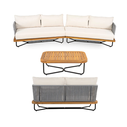 Lucca 6 Seater Acacia Wood Rope-Woven Conversation Set cream cushions by HouseOfZazla on Tampa Home & Garden Store