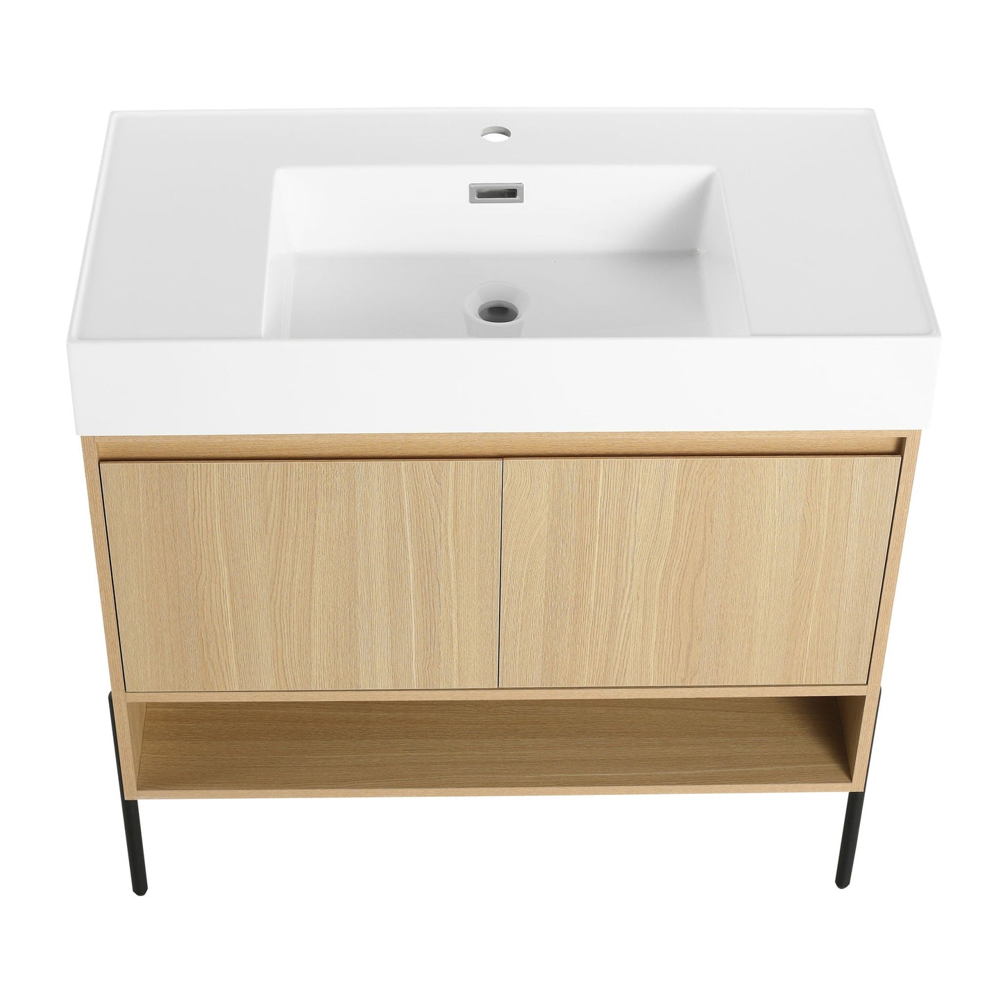 Modern bathroom vanity with single resin sink and light oak storage cabinet on black metal legs on Tampa Home & Garden Store