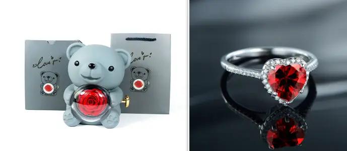 Blue eternal rose teddy bear gift set with rotating necklace box and red heart ring on Tampa Home & Garden Store