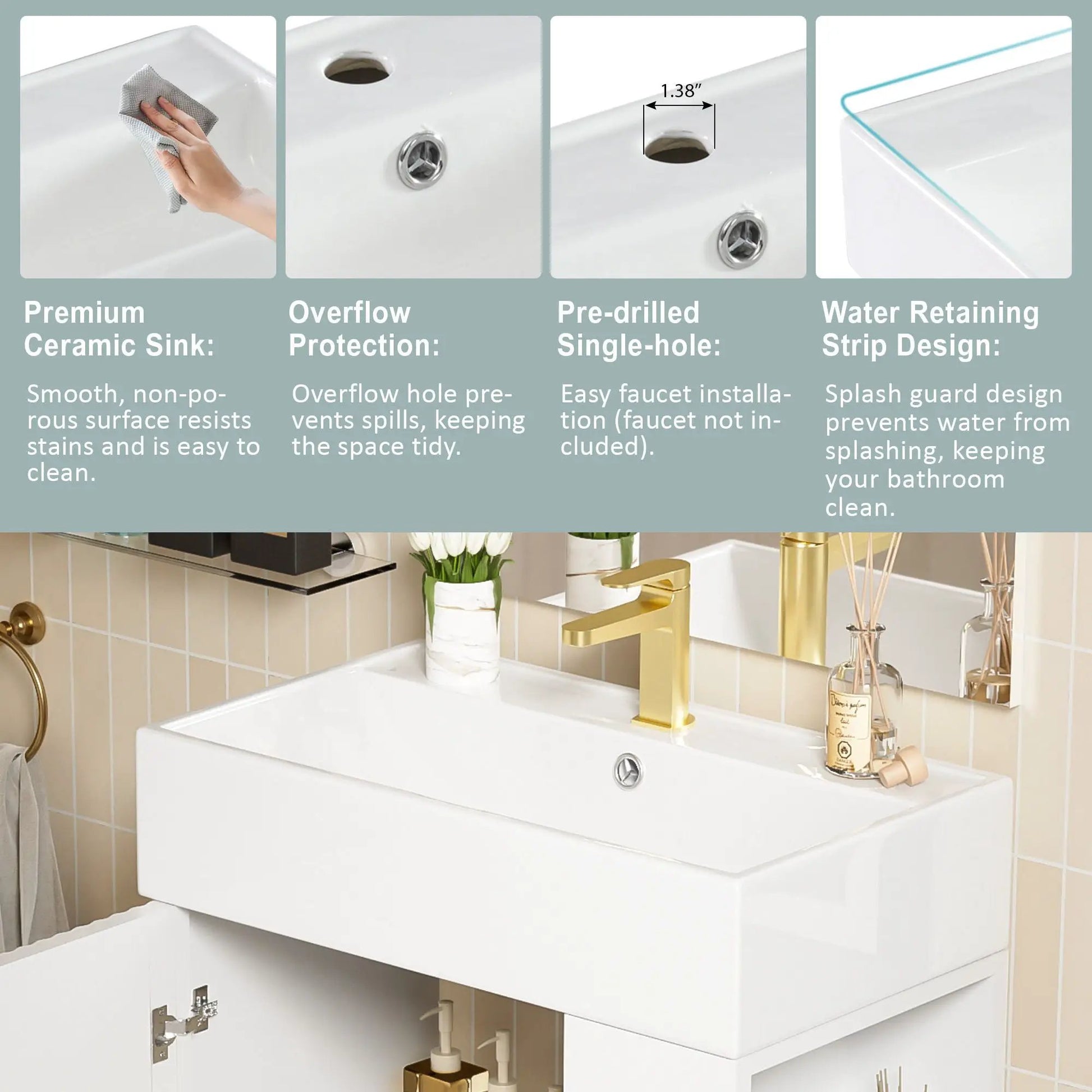 Bathroom vanity with single ceramic sink, white cabinet, gold faucet by Unique Piece Furniture on Tampa Home & Garden Store
