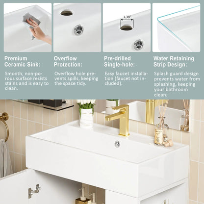 Bathroom vanity with single ceramic sink, white cabinet, gold faucet by Unique Piece Furniture on Tampa Home & Garden Store