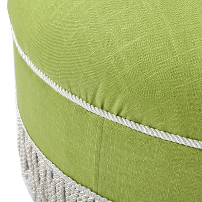 Yolanda round upholstered ottoman in lime fabric with white rope piping and tassel fringe on Tampa Home & Garden Store