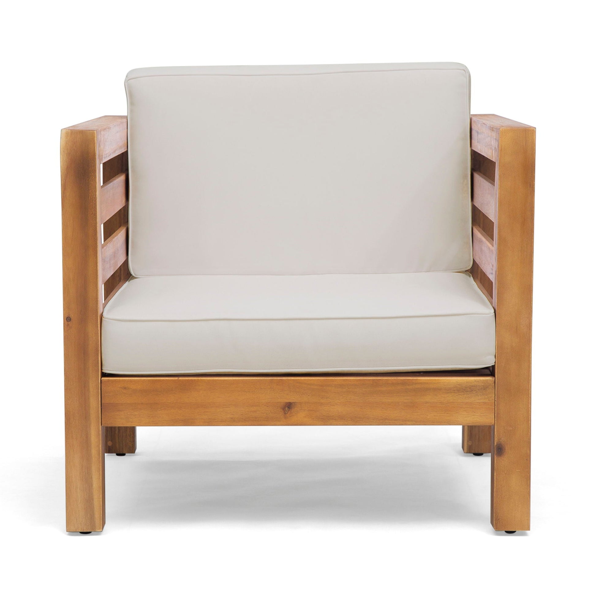 Outdoor Acacia Wood Patio Chair with beige fabric cushion by HouseOfZazla on Tampa Home & Garden Store