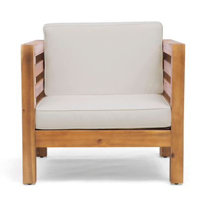 Outdoor Acacia Wood Patio Chair with beige fabric cushion by HouseOfZazla on Tampa Home & Garden Store