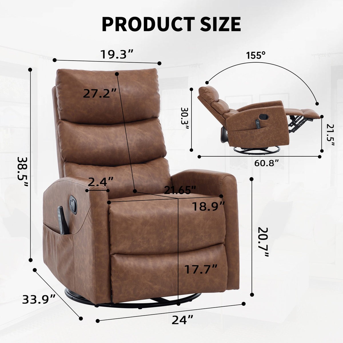 Heat Massage Manual Recliner Chair with Rocker and Swivel in brown leather by HouseOfZazla on Tampa Home & Garden Store