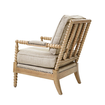 Open back spindle arm chair with padded beige cushions and light wood frame by HouseOfZazla on Tampa Home & Garden Store