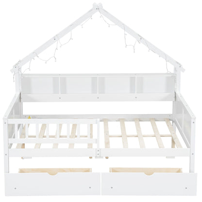 House-style platform bed with LED lights, guardrail, storage shelves, and two drawers on Tampa Home & Garden Store
