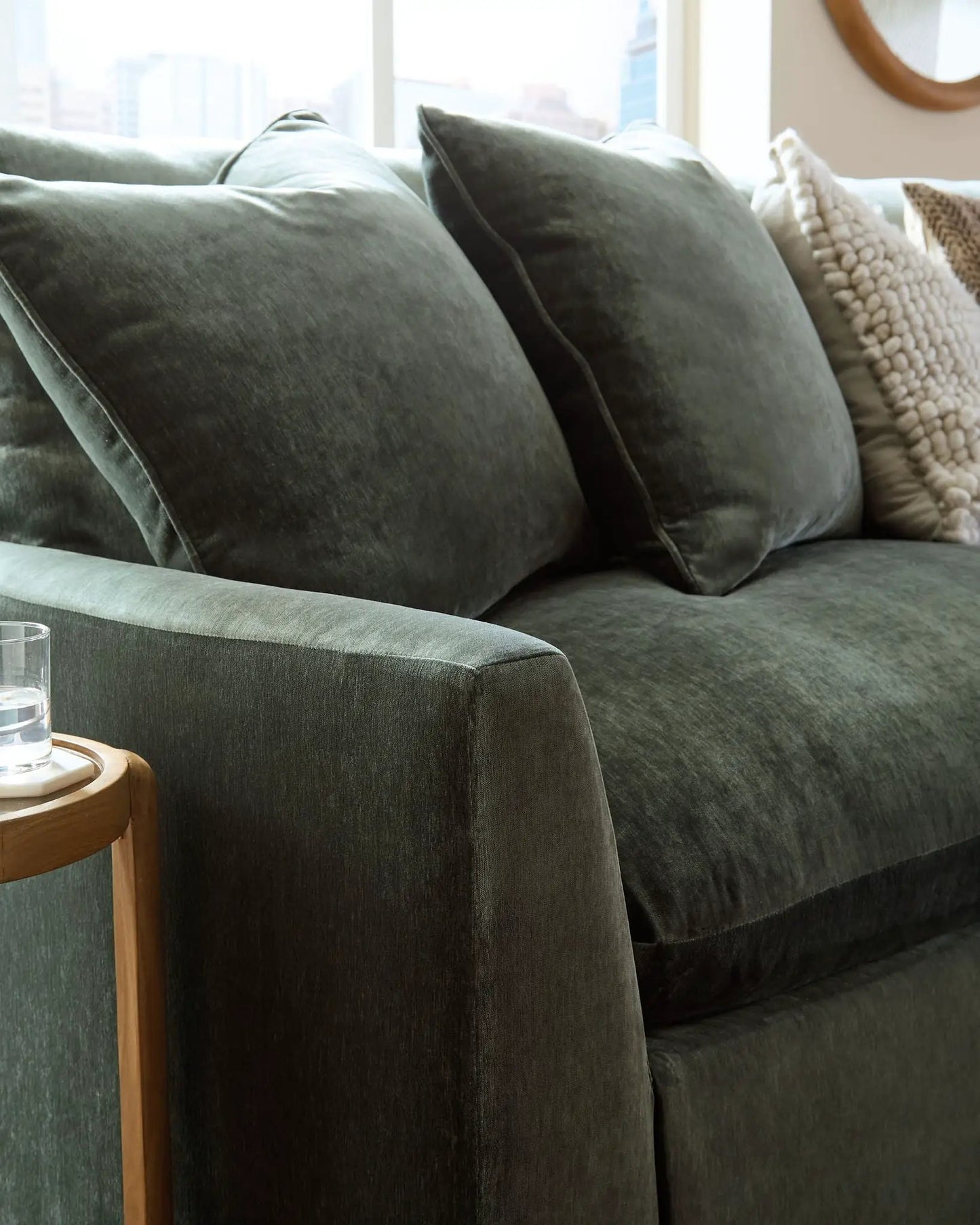 Carriage View Jade Sectional in emerald velvet with wood arms by Unique Piece Furniture on Tampa Home & Garden Store