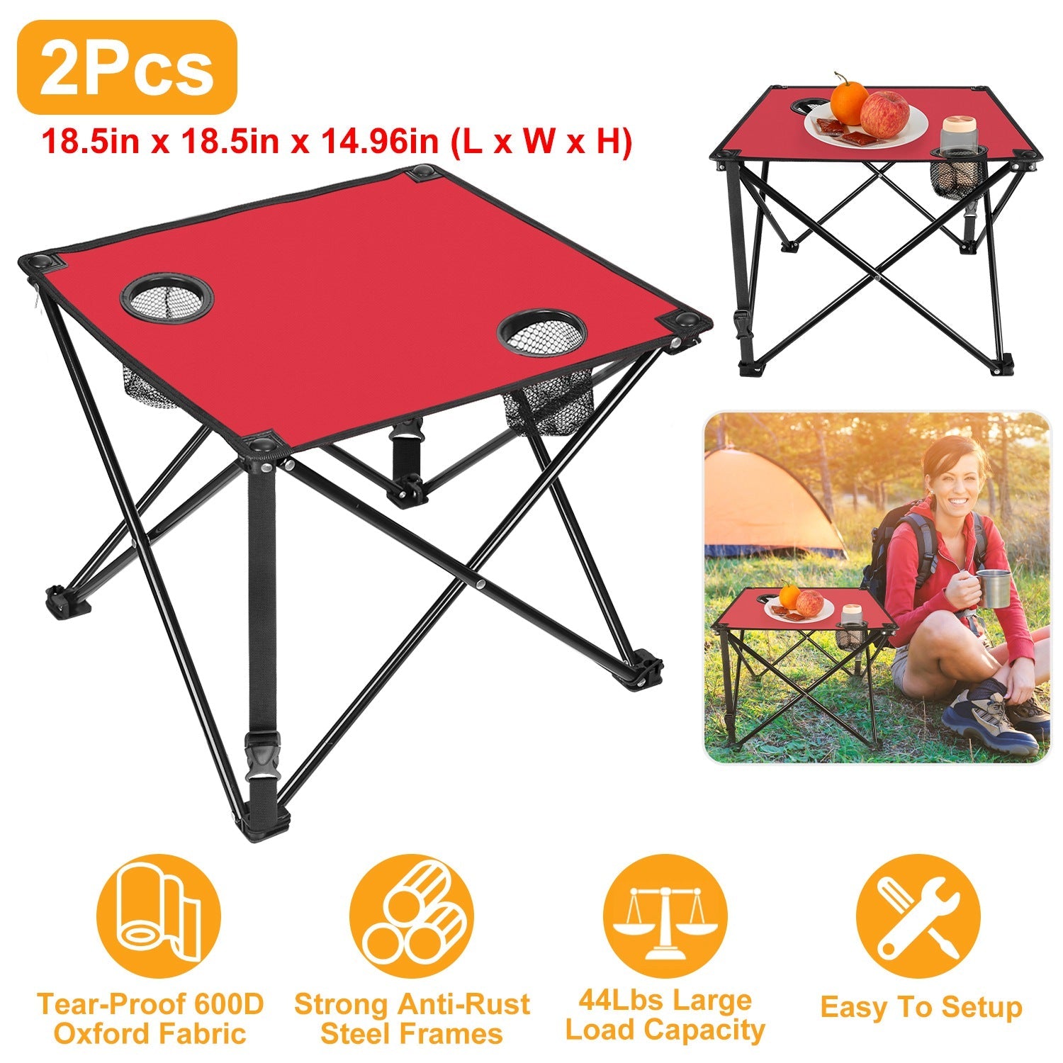GemGear 2Pcs Foldable Camping Table red top with 2 cup holders and carrying bag on Tampa Home & Garden Store