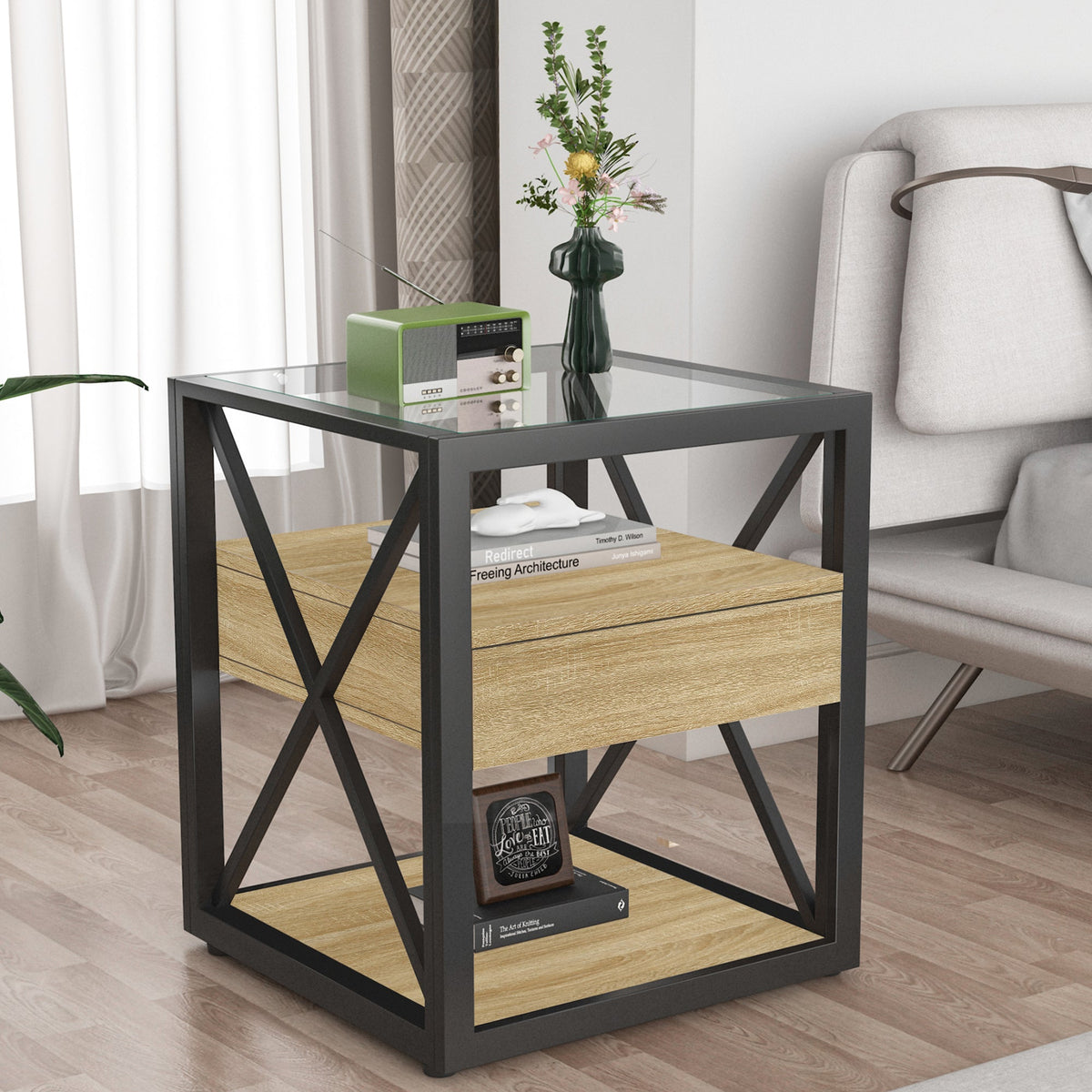 1 Piece Modern End Table with Drawer; tempered glass top, natural wood shelf, black metal frame on Tampa Home & Garden Store