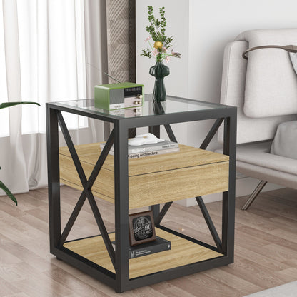 1 Piece Modern End Table with Drawer; tempered glass top, natural wood shelf, black metal frame on Tampa Home & Garden Store